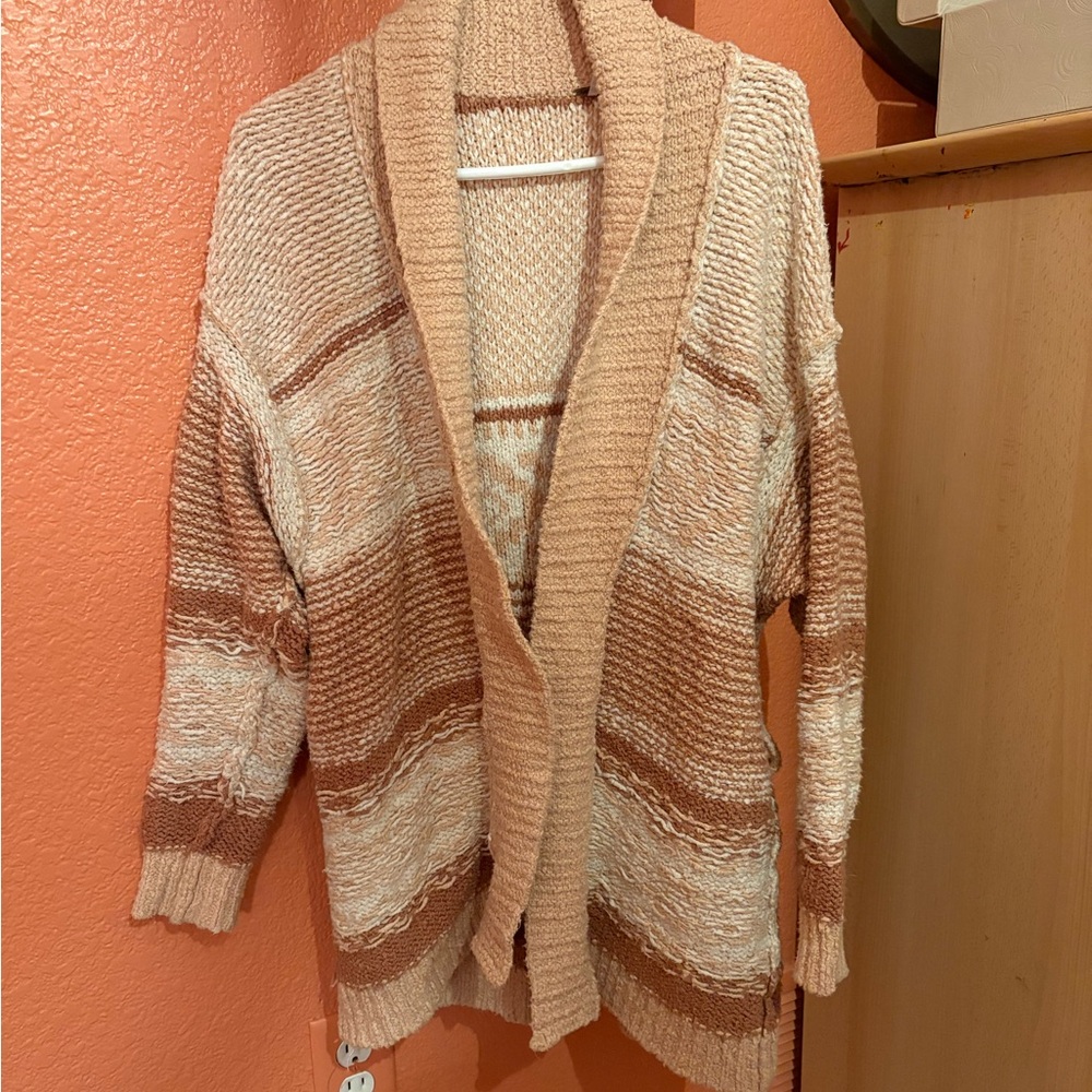 Free People Open Front Knit Cardigan in Beige, Cream, Brown